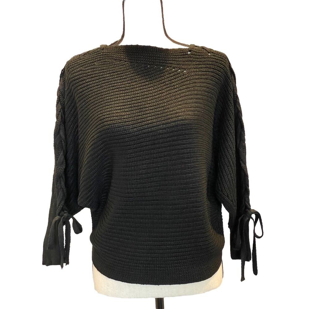 NWT Guess Lace Up Asymmetrical Dolman Sleeve Black Chunky Knit Casual Sweater, S
